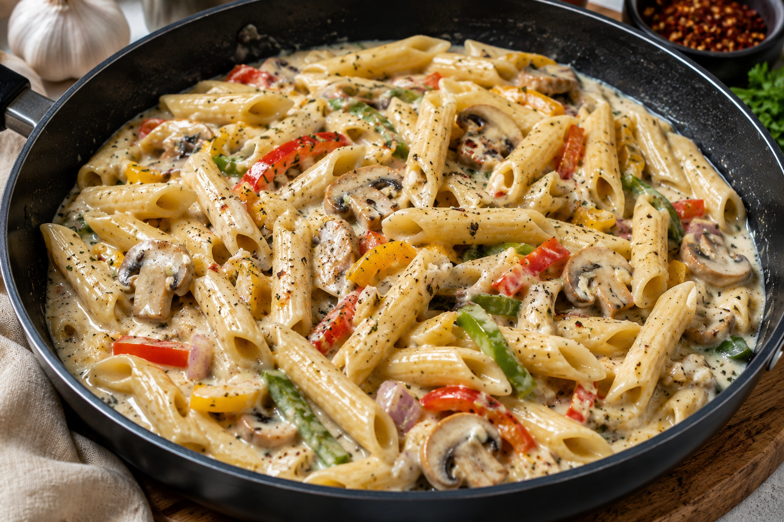 One-pan creamy garlic veg pasta 
